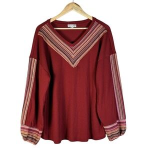 Casual Express Burgundy Waffle Knit Embroidered V Neck Long Sleeve Top XL